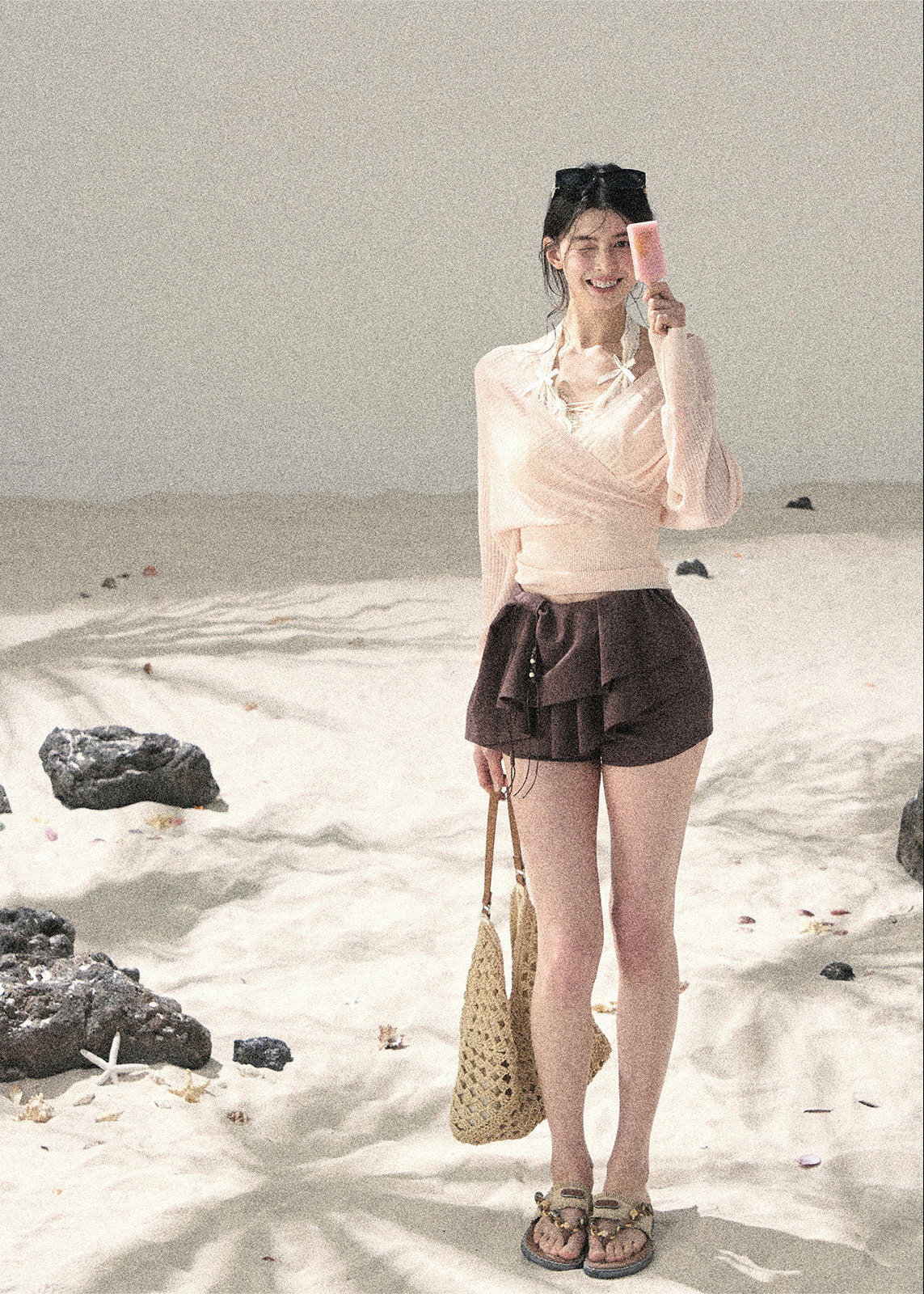 aomalm top, pink cover up top, v neck summer top, korean feminine top, sunscreen cover up women, lightweight summer layer, french style cover up, dopamine summer top, sheer wrap top, resort cover up top, feminine korean fashion, beach cover up blouse