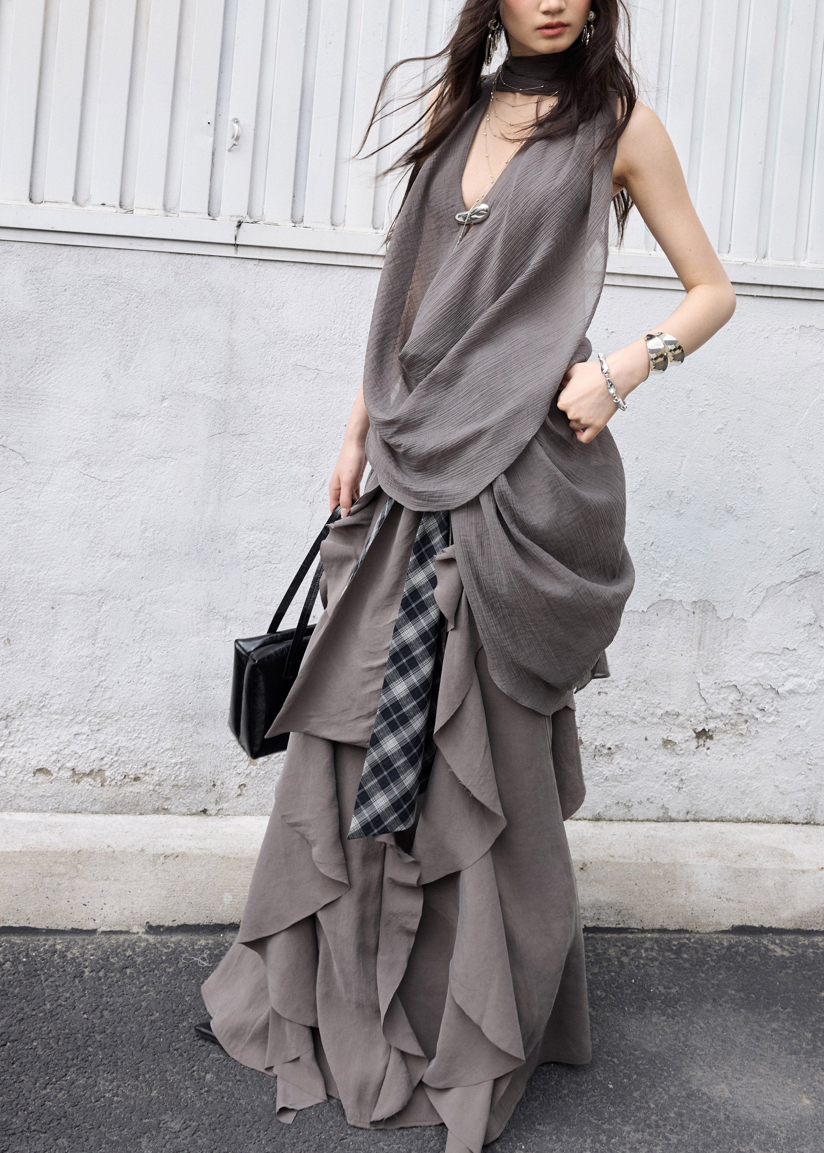 jnylon skirt, ruffle maxi skirt, korean fashion skirt, layered long skirt, gray maxi skirt, irregular ruffle skirt, stylish korean outfit, urban skirt women, modal skirt, plaid patchwork skirt, statement long skirt, korean street fashion