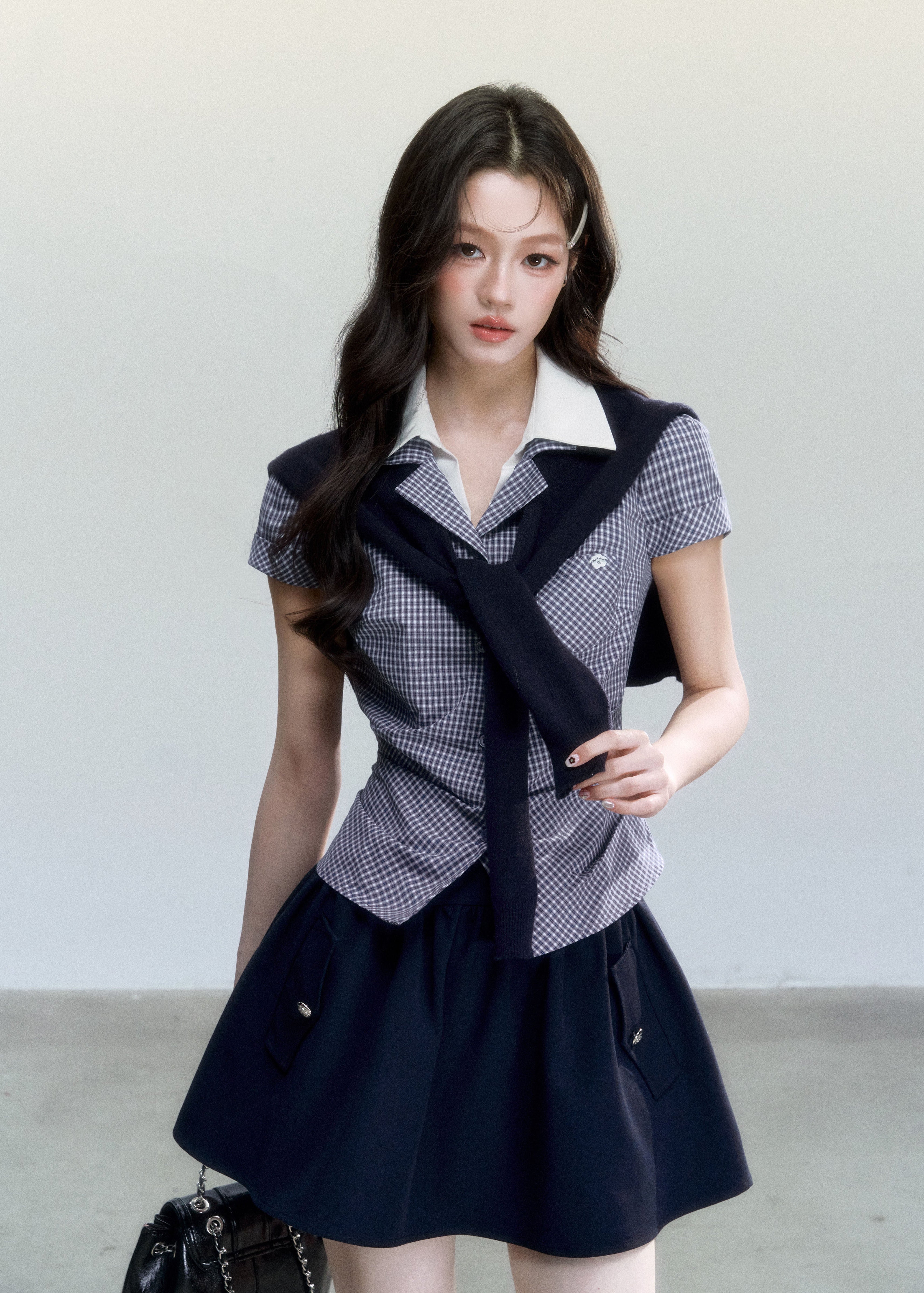 plaid layered top, korean campus top, sweet preppy top, pink plaid shirt top, faux layered blouse, feminine korean fashion top, fragileheart top, summer campus outfit, knit scarf top set, cute preppy summer top, soft girl korean top, honor student style top