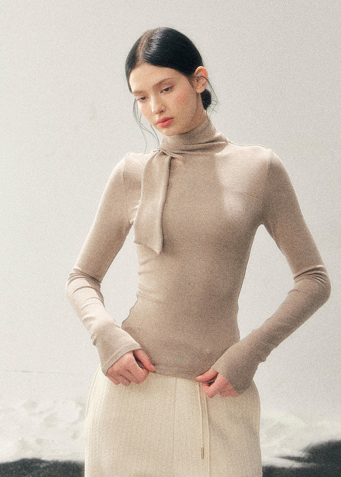 AOMALM semi turtleneck top, women winter base top, slim fit knit shirt, Korean style inner top, feminine long sleeve top, winter layering top women, soft knit turtleneck, minimal Korean fashion, stretch knit base shirt, elegant inner top, women autumn winter top, skin fit knitwear, neutral winter top, daily basic knit top, chic layering essential