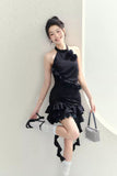 Niche design dinner style black rose ribbon sleeveless dress