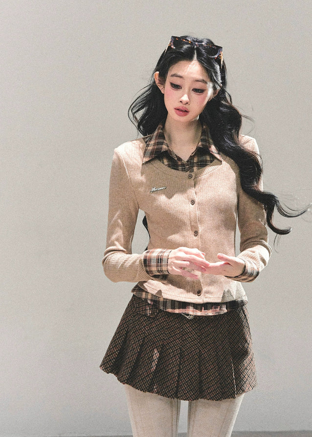 fake two piece polo top, long sleeve polo knit women, american preppy knit shirt, autumn polo collar top, layered knit t-shirt women, brown collared knit top, fw25 preppy knitwear, korean layered polo top, slim fit autumn knit shirt
