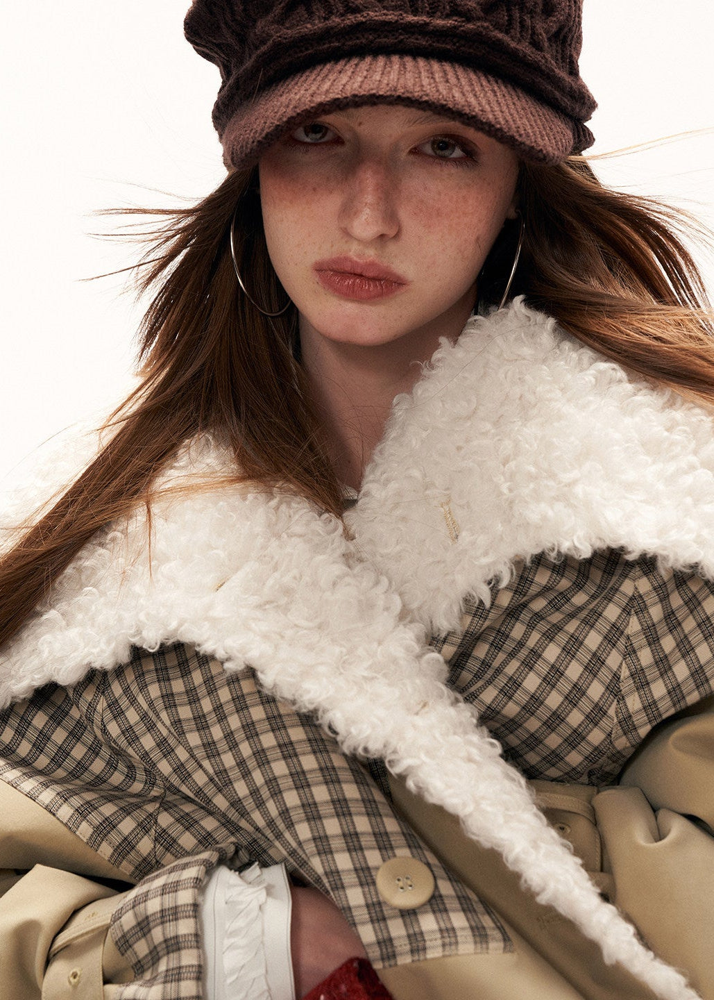 plaid spliced jacket women, fur collar jacket women, y2k street jacket, oversized lapel jacket, autumn winter jacket women, fashion street outerwear, casual statement jacket, retro inspired jacket, mixed fabric jacket women, trendy winter jacket, high fashion street jacket, mamc outerwear style, bold women jacket, streetwear coat women, y2k fashion jacket