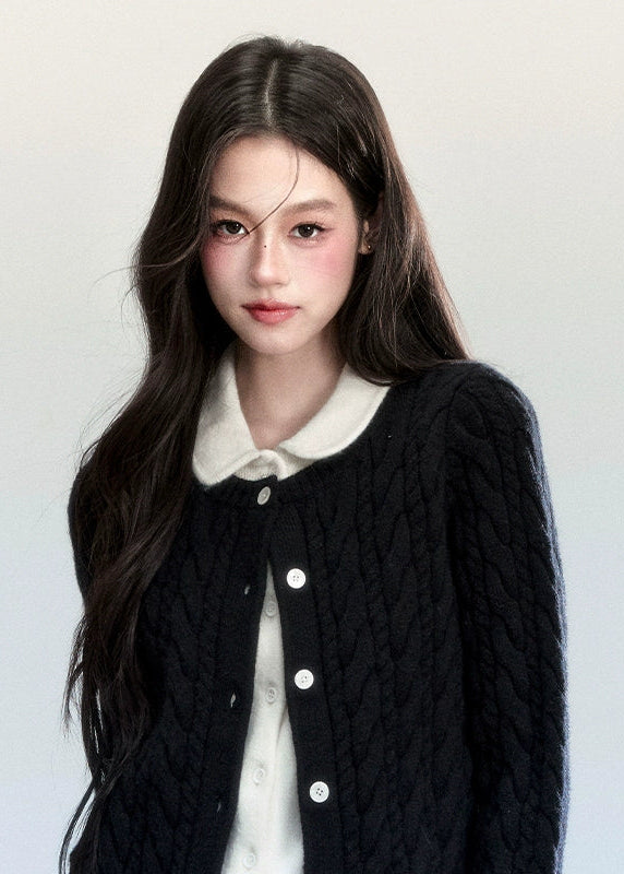 Fragileheart knit cardigan, faux two-piece sweater, doll collar knit top, luxury Korean fashion, quiet luxury womenswear, pastel noir aesthetic, elegant preppy outfit, 2025 winter K-fashion, contrast knit sweater, modern feminine knitwear, chic two-tone cardigan, sophisticated Korean look, soft autumn outfit, refined luxury fashion
