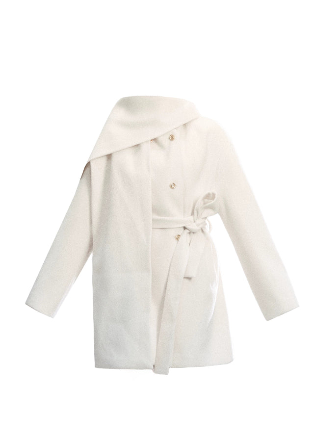 Fragileheart wool coat, scarf collar jacket, ivory belted coat, luxury Korean fashion, quiet luxury outerwear, pastel noir aesthetic, elegant winter coat, K-fashion 2025, soft feminine style, minimalist wool wrap, chic winter outfit, modern elegant outerwear, white long coat, sophisticated Korean womenswear
