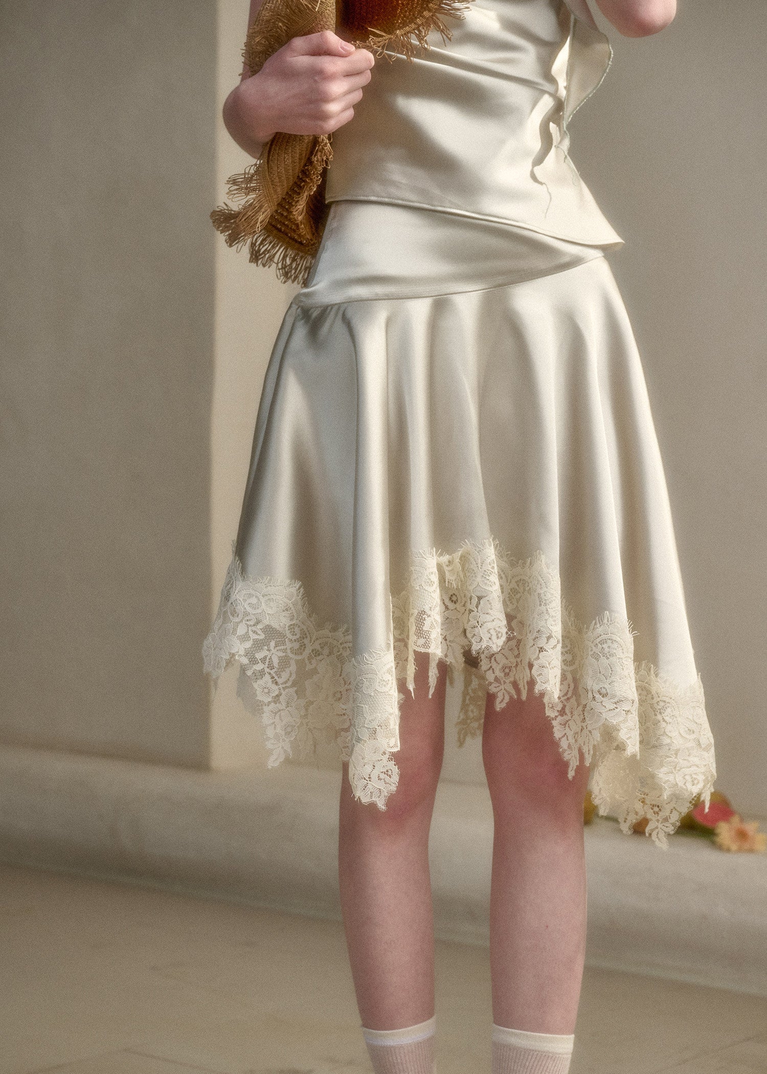 Soft ivory satin cami top and matching skirt set