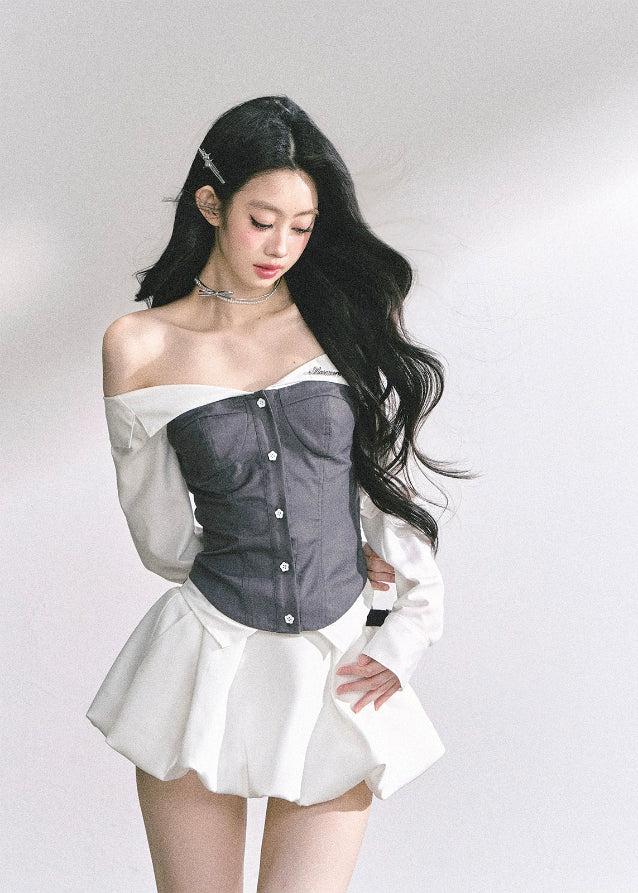 off shoulder corset top, fake two piece top, women’s bustier shirt, korean off shoulder blouse, korean american fashion top, summer corset blouse, slimming waist top, plaid corset shirt, girl group style top, kpop inspired top, trendy streetwear women, off shoulder long sleeve top, sculpted waist blouse, sexy summer top women, stylish two tone top
