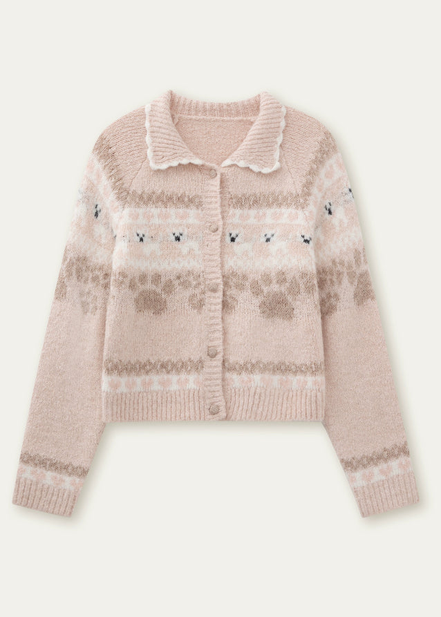 SunsetPark knit set, puppy fair isle sweater, vintage preppy knit outfit, cute winter knit set, Korean girly knitwear, warm cozy knit two piece, fair isle dog pattern sweater, puppy pattern cardigan and skirt, AW preppy knit style, feminine winter clothing, soft warm knit outfit, cute college girl knit set, brown fair isle knit, ivory fair isle knit