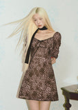 leopard print mini dress, backless mini dress, square neck dress, puff sleeve leopard dress, Korean feminine dress, bubble mini dress, statement summer dress, date night dress, feminine leopard dress, sensual mini dress, romantic animal print dress, waist cinching dress, vacation mini dress, city outfit dress, LaLuneDuCiel style dress