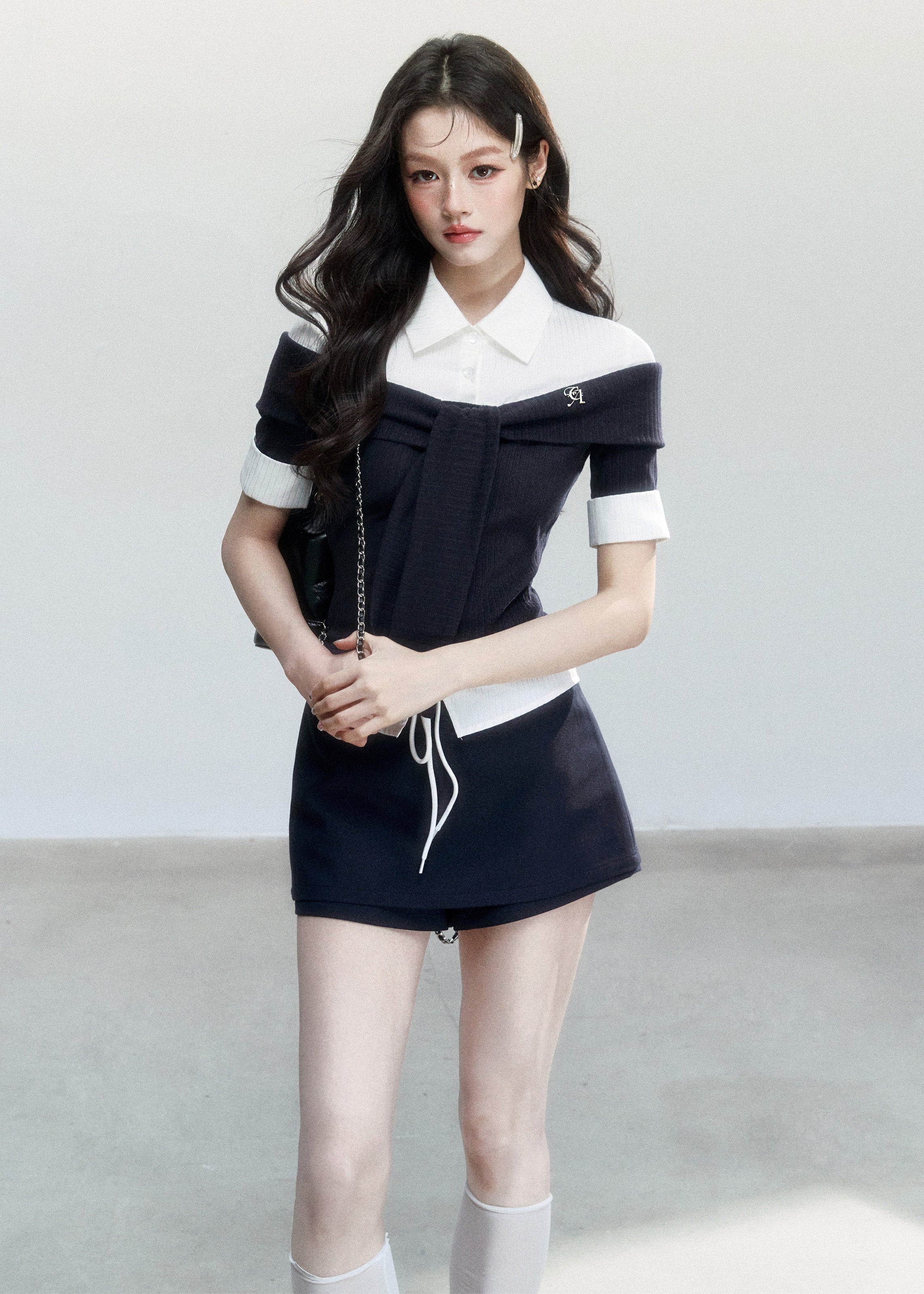 fragileheart top, korean collegiate top, faux two piece shirt, tie waist shirt top, preppy korean fashion, layered knit shirt, feminine campus top, korean preppy blouse, slim collar top, cute korean outfit, campus style shirt, soft girl fashion top