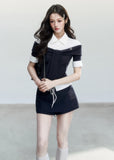 fragileheart top, korean collegiate top, faux two piece shirt, tie waist shirt top, preppy korean fashion, layered knit shirt, feminine campus top, korean preppy blouse, slim collar top, cute korean outfit, campus style shirt, soft girl fashion top