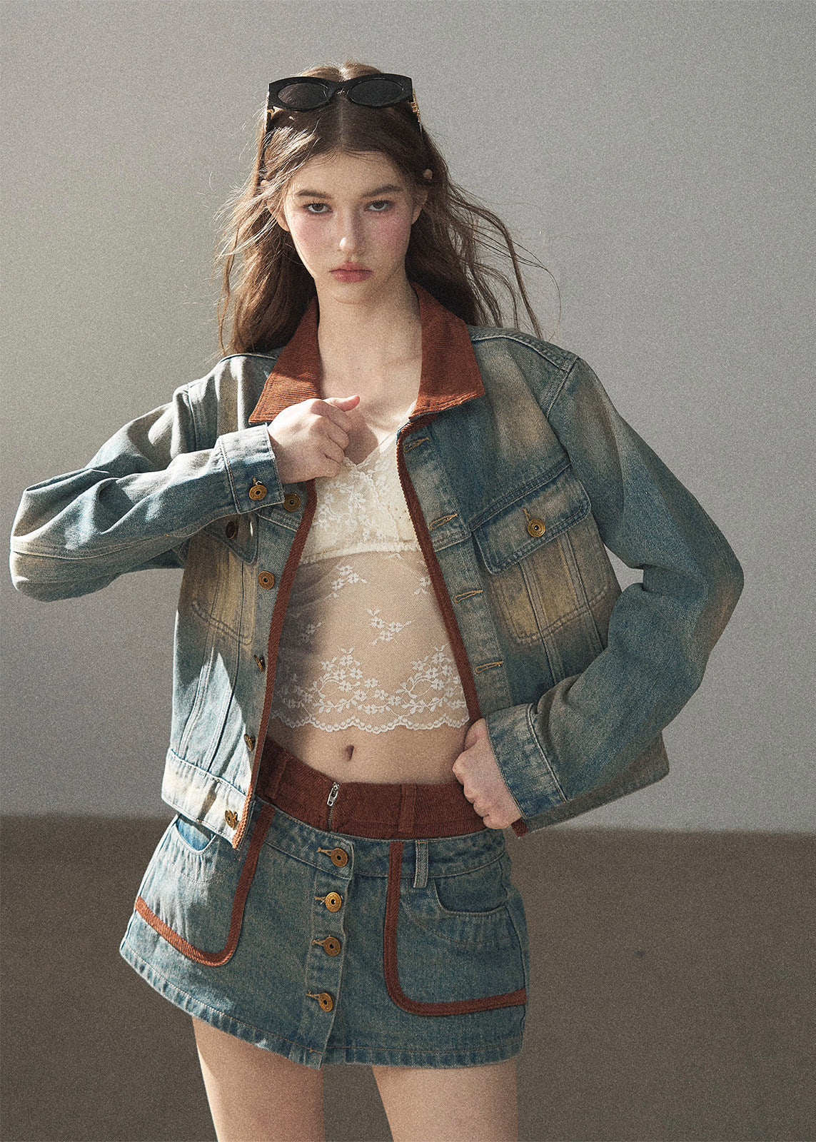 Washed denim jacket and mini skirt set
