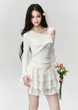 Fragileheart off-shoulder top, white lace blouse, asymmetric draped shirt, luxury Korean fashion, elegant feminine outfit, quiet luxury style, pastel noir aesthetic, winter 2025 collection, modern romantic fashion, ivory one-shoulder knit, soft lace trim top, minimalist luxury wear, Korean chic fashion, delicate off-shoulder blouse
