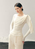 French style knit top, Korean feminine top, one shoulder long sleeve top, draped knit shirt women, winter slim fit top, elegant women knitwear, asymmetrical neckline top, waist slimming top, soft aesthetic fashion, minimal feminine top, Korean winter outfit, French chic clothing, modern women knit top, layering winter top, elegant casual top