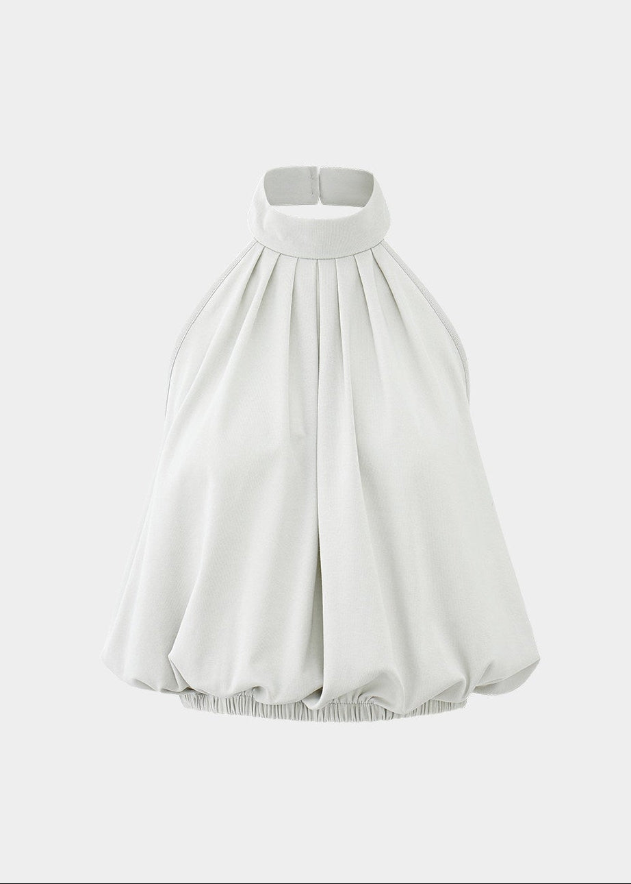 halter tank top, high neck tank top, open back top, sleeveless summer top, Korean feminine top, French minimalist top, mint green tank top, pleated halter top, cotton spandex top, bubble hem top, minimalist summer blouse, feminine Korean fashion, resort tank top, casual elegant top, open back halter top