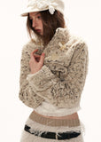 floral short jacket women, y2k cropped jacket, western style jacket women, small turtleneck jacket, loose fit fashion jacket, autumn winter street jacket, high fashion women outerwear, trendy short jacket, textured floral jacket, mamc jacket style, statement street jacket, modern western jacket, unique women top, y2k fashion outerwear, chic cropped jacket