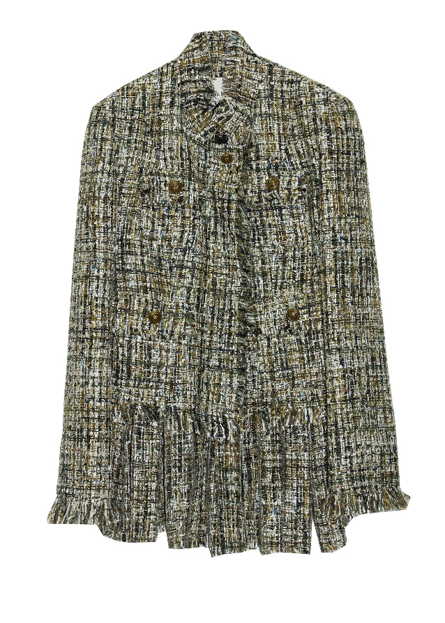 korean tweed fringe jacket, deconstructed tweed jacket, frayed edge tweed coat, nomadic style jacket women, jnylon tweed outerwear, urban grunge tweed jacket, artistic fringe jacket, hybrid layered tweed coat, edgy korean fashion jacket, avant garde tweed top, destructive fringe jacket women
