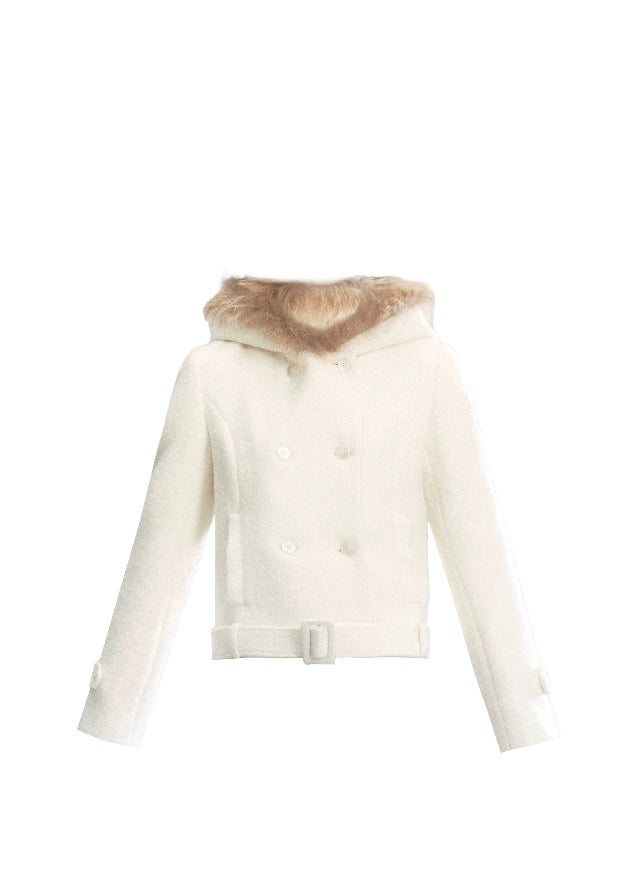 Fragileheart wool coat, cropped fur collar jacket, luxury Korean fashion, quiet luxury womenswear, beige tweed coat, pastel noir aesthetic, elegant winter outfit, short wool coat, K-fashion 2025, feminine outerwear, belted cropped jacket, modern Korean coat, soft winter fashion, sophisticated neutral outerwear
