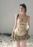 aomalm top, strapless top women, french strapless top, waist cinching top, beige bandeau top, draped summer top, feminine korean top, romantic summer blouse, sleeveless fitted top, tencel blend top, elegant going out top, summer date outfit top