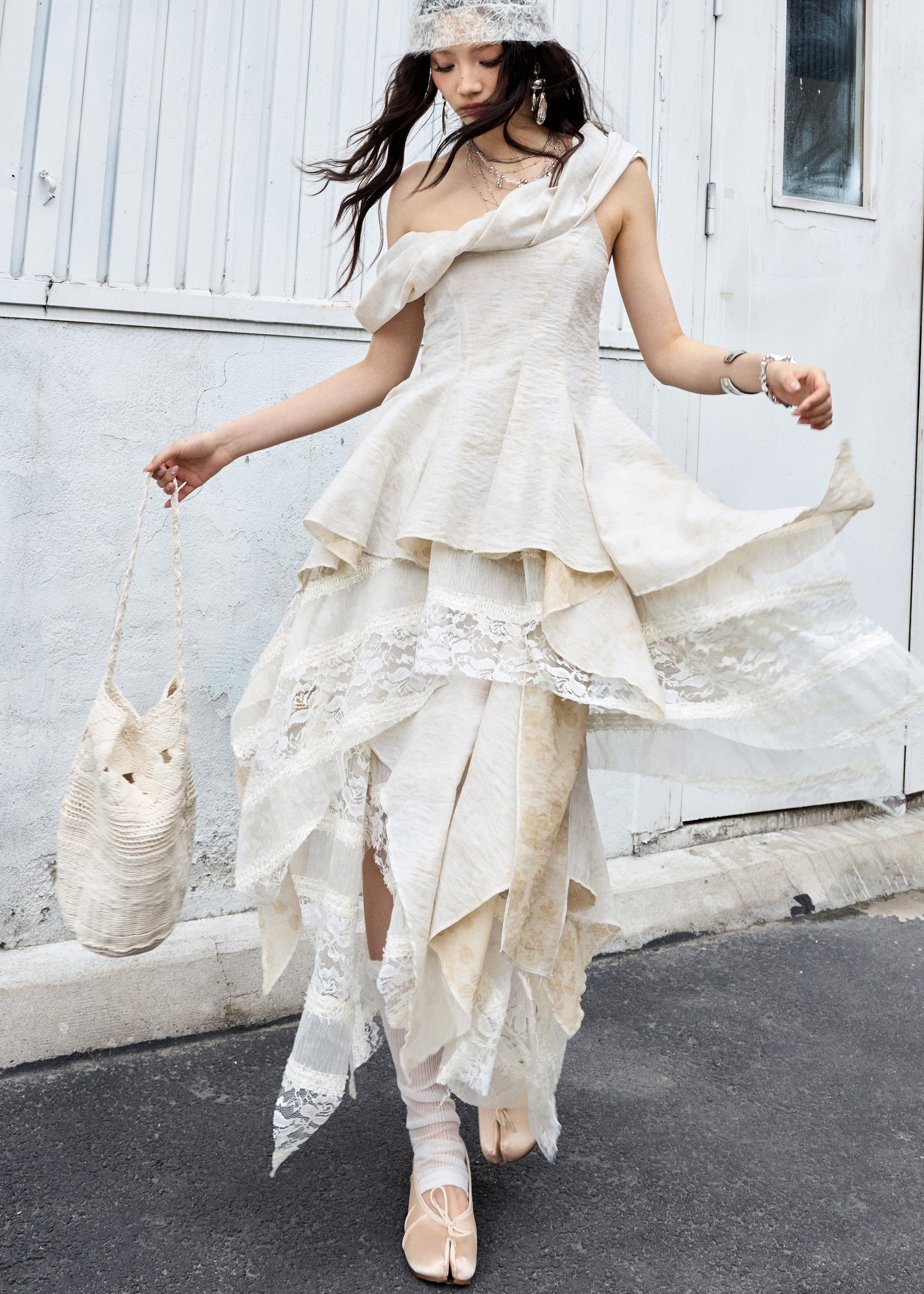 jnylon dress set, two piece dress set, korean fashion dress, vintage romantic dress, ballet style dress, fairy dress set, sculptural neckline dress, layered maxi skirt set, feminine summer outfit, elegant two piece set, romantic korean outfit, statement summer dress