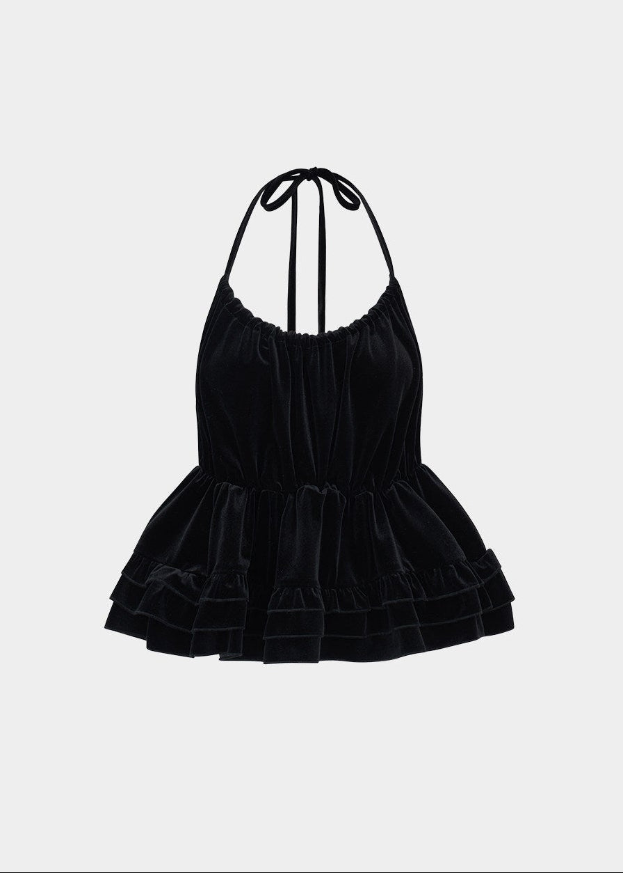 black velvet camisole, ruffle top women, ballet style top, korean fashion top, velvet camisole top, feminine layered top, dark romantic outfit, sleeveless velvet top, elegant black top, soft velvet blouse, tiered camisole, evening casual top, chic statement top, parisian inspired fashion, delicate strap top, lightweight velvet wear, modern feminine clothing, versatile going out top, aesthetic fashion top, refined romantic style