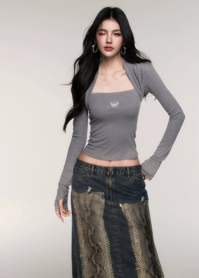 LuluSwings knit top, fake two piece long sleeve, slim fit layered top, Korean stylish slim tee, trendy hot girl top, modern layered sleeve knit, body contour knitwear, black layered knit top, pink slim knit top, fashionable Korean long sleeve, sexy city girl style top, AW fitted knit shirt, trendy dual sleeve top women