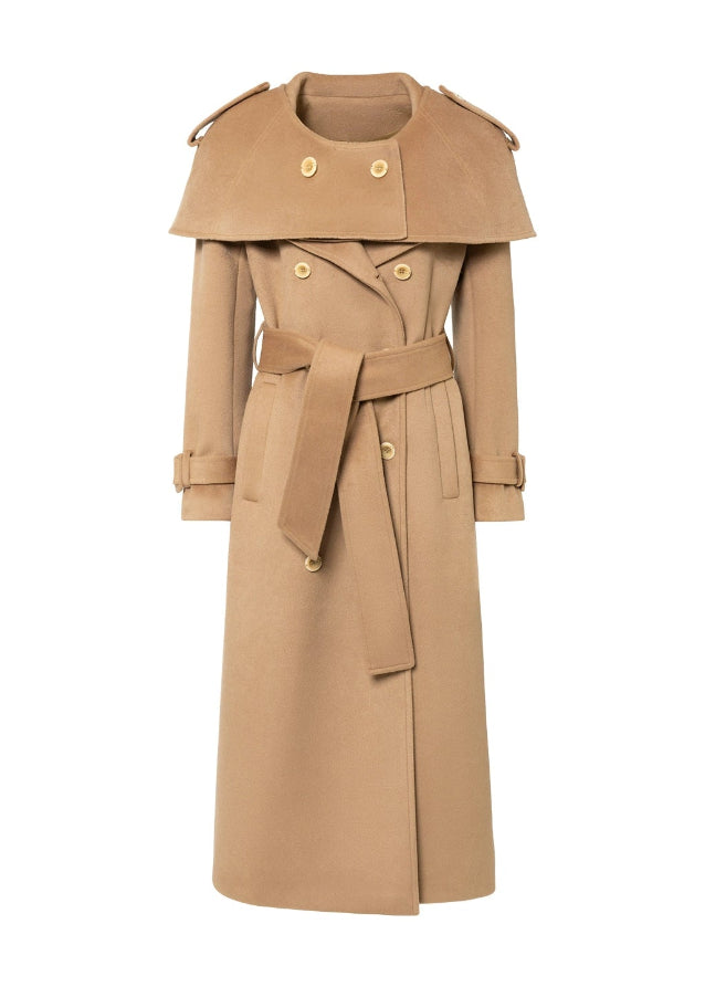 4muggle, camel trench coat, cape trench coat, British style long coat, women’s wool long trench, cape shoulder coat, tweed trench coat, autumn winter coat, elegant long jacket, detective coat style, classic camel wool coat, vintage British fashion, cape design outerwear, slim long coat women, stylish winter coat