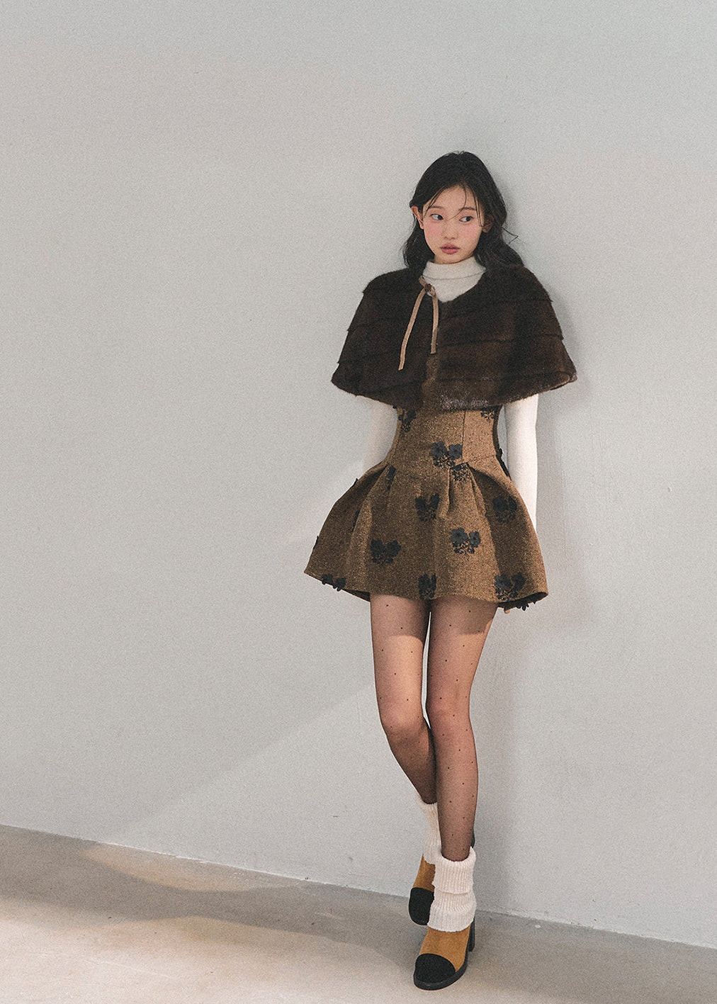 AOMALM dress, winter puffy dress, French style dress set, faux fur cape dress, embroidered winter dress, holiday outfit women, Korean fashion dress, A-line puffy skirt, winter date outfit, feminine winter dress, brown puffy dress, black puffy dress, elegant winter outfit, party dress winter women, two-piece dress set, romantic winter fashion, mohair cape dress, moss embroidery dress.