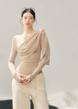 French style knit top, Korean feminine top, one shoulder long sleeve top, draped knit shirt women, winter slim fit top, elegant women knitwear, asymmetrical neckline top, waist slimming top, soft aesthetic fashion, minimal feminine top, Korean winter outfit, French chic clothing, modern women knit top, layering winter top, elegant casual top