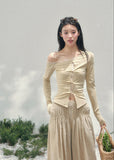 AOMALM off shoulder lace top, French romantic spring blouse, ruched knit womens top, feminine Korean fashion top, quiet luxury lace blouse, elegant off shoulder knitwear, romantic fitted spring top, Parisian inspired womenswear, lace layered shoulder top, soft feminine silhouette blouse, waist shaping knit top women, delicate French Korean aesthetic clothing, spring romantic outfit top, refined luxury womens knitwear, lace detail long sleeve blouse, feminine draped knit top, soft luxury spring fashion, poet