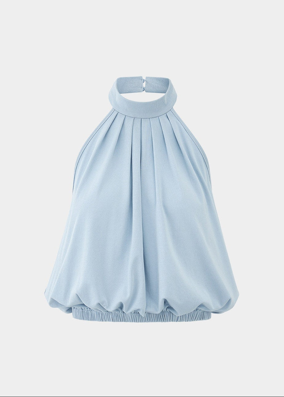 halter tank top, high neck tank top, open back top, sleeveless summer top, Korean feminine top, French minimalist top, mint green tank top, pleated halter top, cotton spandex top, bubble hem top, minimalist summer blouse, feminine Korean fashion, resort tank top, casual elegant top, open back halter top