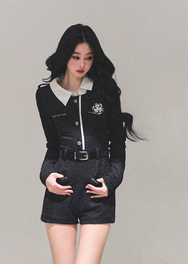 silent echo jumpsuit, AOMALM jumpsuit, Korean style romper, glitter one-piece suit, feminine jumpsuit, small fragrance style romper, winter Korean fashion, chic black jumpsuit women, short tweed jumpsuit, K-fashion outfits 2025