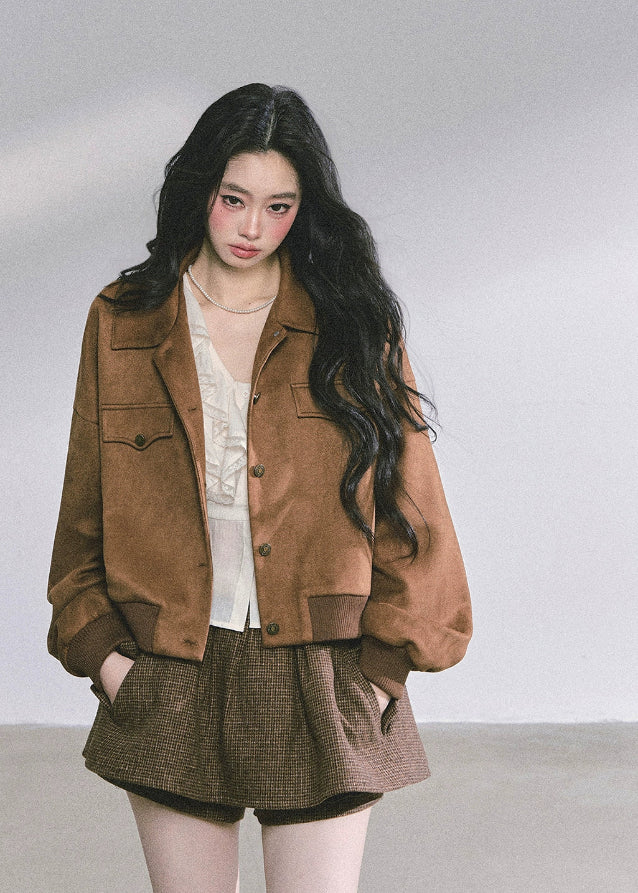 woolen suit set, lace layered top, french autumn outfit, hepbum style jacket, suede mini skirt set, korean fashion three piece, fall winter women's set, caramel jacket outfit, lace camisole top, elegant wool suit women
