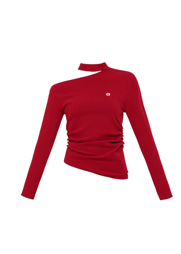 Fragile Heart off shoulder knit, red one shoulder top, Korean romantic sweater, feminine slanted shoulder knitwear, soft cotton knit top, gentle girly red sweater, trendy off-shoulder knit blouse, elegant Korean knitwear, winter romantic knit top, scarlet feminine top, AW Korean pretty girl style