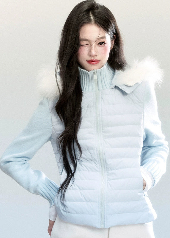 Fragileheart down jacket, fur collar puffer, luxury Korean fashion, winter short coat, quiet luxury outerwear, pastel blue jacket, hooded down coat, K-fashion 2025, elegant winter outfit, soft feminine outerwear, pastel noir aesthetic, warm winter style, sky blue puffer, modern luxury womenswear

