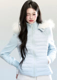 Fragileheart down jacket, fur collar puffer, luxury Korean fashion, winter short coat, quiet luxury outerwear, pastel blue jacket, hooded down coat, K-fashion 2025, elegant winter outfit, soft feminine outerwear, pastel noir aesthetic, warm winter style, sky blue puffer, modern luxury womenswear
