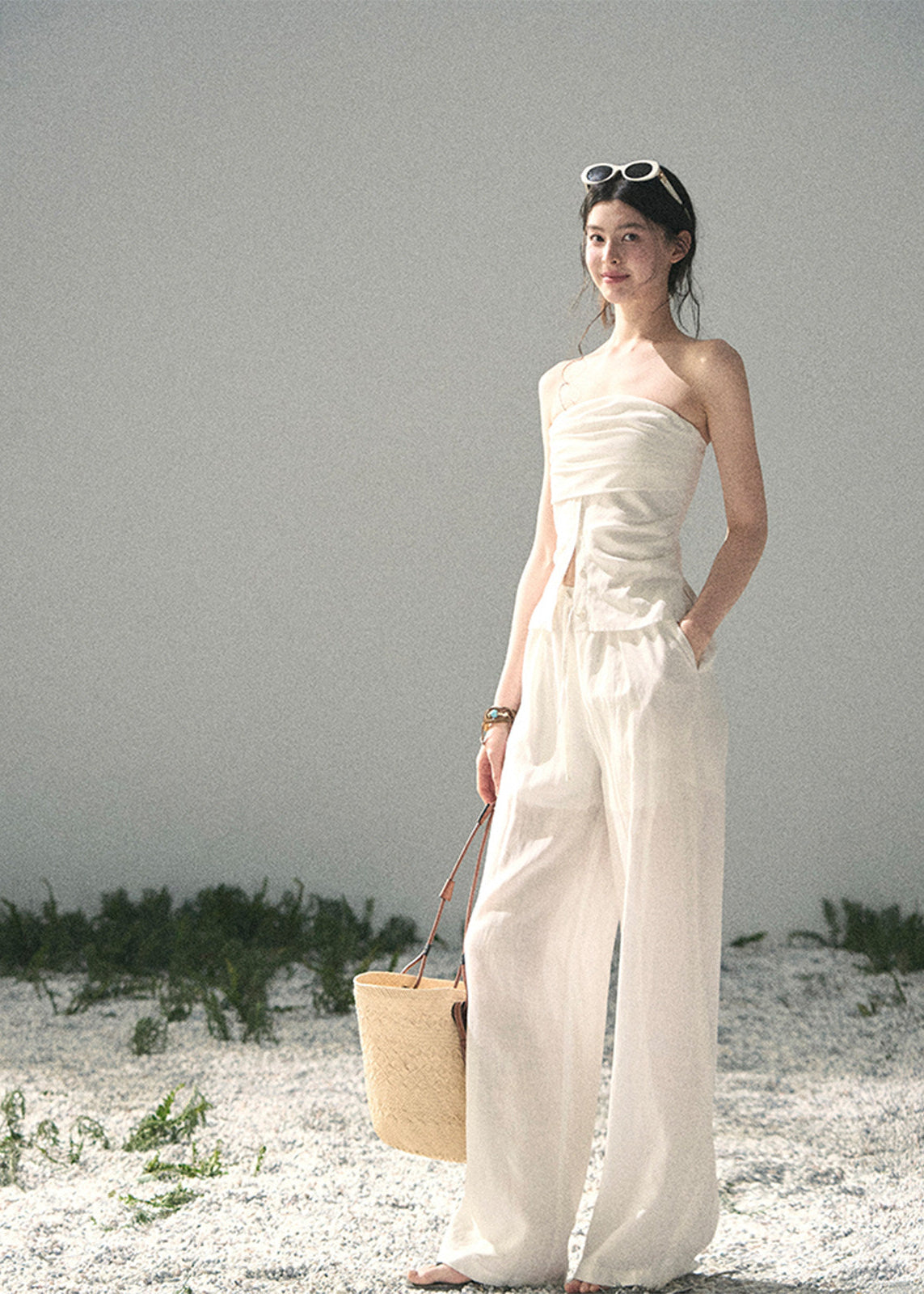 aomalm set, white two piece set, strapless top and pants set, tencel linen set, korean fashion set, feminine summer outfit, elegant summer co ord, white trouser set, minimal summer set, vacation outfit women, relaxed wide leg pants set, soft white summer set