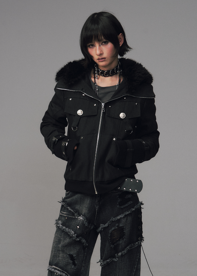 Frustration Garden jacket, edgy winter jacket, black fur hood coat, punk padded jacket, grunge winter outerwear, slim fit puffer coat, detachable fur hood jacket, street goth winter fashion, sand wash black coat, thick warm padded jacket women, alternative fashion outerwear