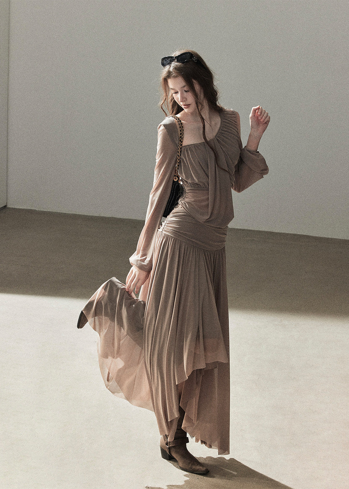 Draped taupe top and maxi skirt two-piece set