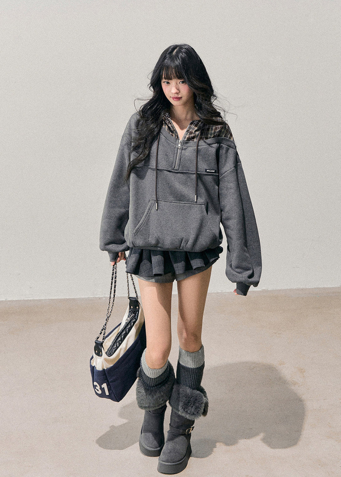 AOMALM hoodie, Korean hoodie women, fake two piece hoodie, plaid hoodie women, oversized sweatshirt, winter hoodie women, Korean casual top, fleece hoodie women, layered hoodie style, soft feminine hoodie, half zip sweatshirt, grey hoodie outfit, winter casual wear women, Korean street fashion hoodie, cozy winter sweatshirt