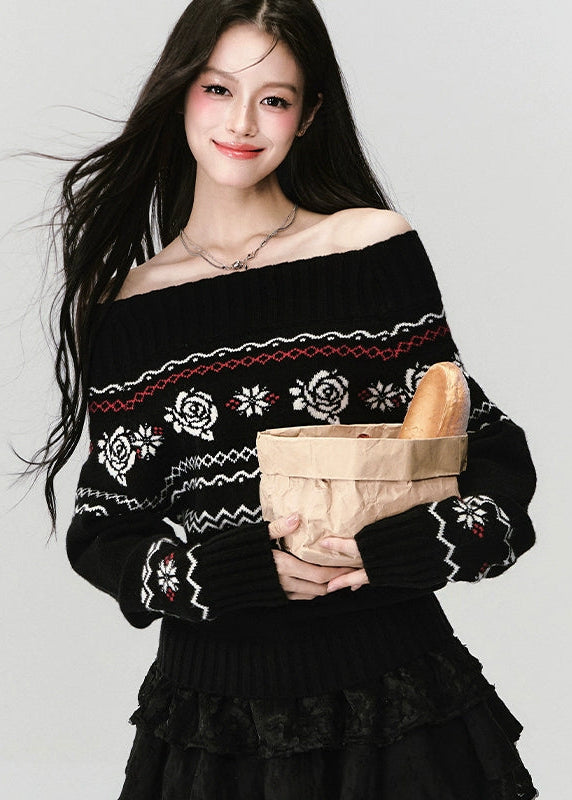 Fragileheart knit sweater, off-shoulder Fair Isle top, rose jacquard knitwear, luxury Korean fashion, Parisian romantic sweater, quiet luxury winter style, pastel noir aesthetic, elegant black knit top, K-fashion 2025, feminine winter outfit, cozy off-shoulder pullover, soft romantic fashion, vintage rose sweater, delicate feminine knit
