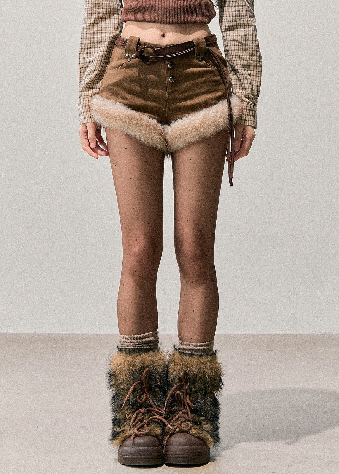 AOMALM winter shorts, plush shorts women, faux fur trim shorts, Korean winter fashion, high waist winter shorts, feminine winter outfit, soft girl Korean style, cozy mini shorts, autumn winter shorts women, plush warm shorts, Korean aesthetic clothing, winter shorts with tights, cute winter bottoms, soft feminine fashion, trendy winter shorts, Korean boutique style