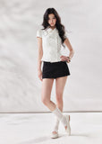 white denim shirt women, double breasted shirt women, doll collar blouse, french style summer shirt, short sleeve denim top, structured white top, chic summer outfit women, korean fashion blouse, modern casual shirt, elevated everyday top