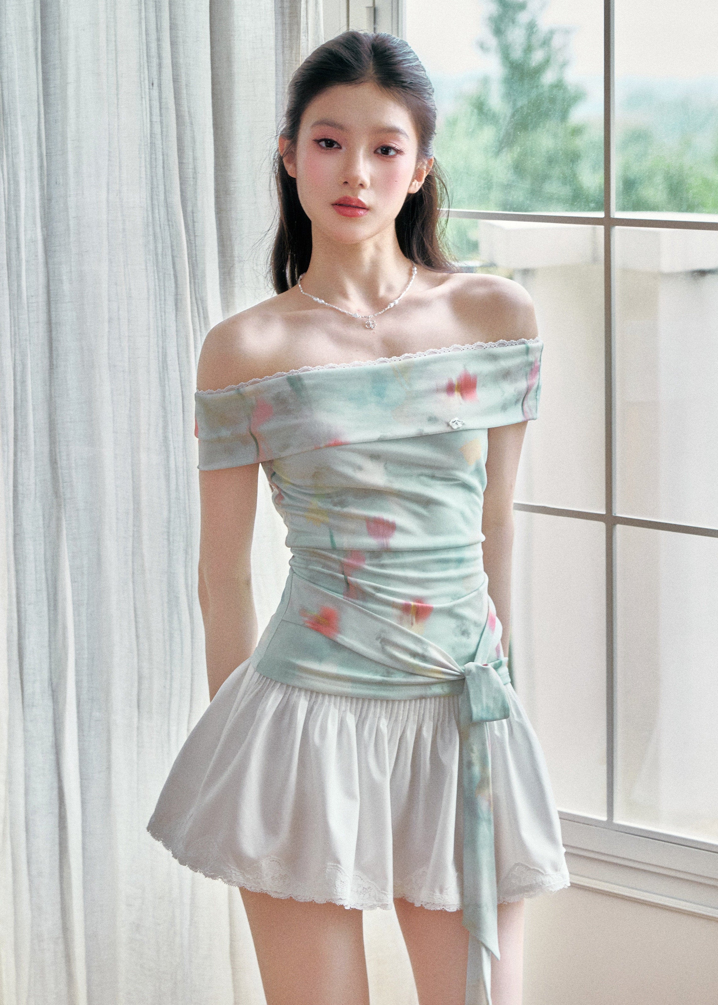 fragileheart top, floral off shoulder top, korean feminine top, mint floral top, slimming summer top, off shoulder t-shirt, romantic floral top, soft girl top, feminine korean fashion, summer date top, draped shoulder top, floral mesh top