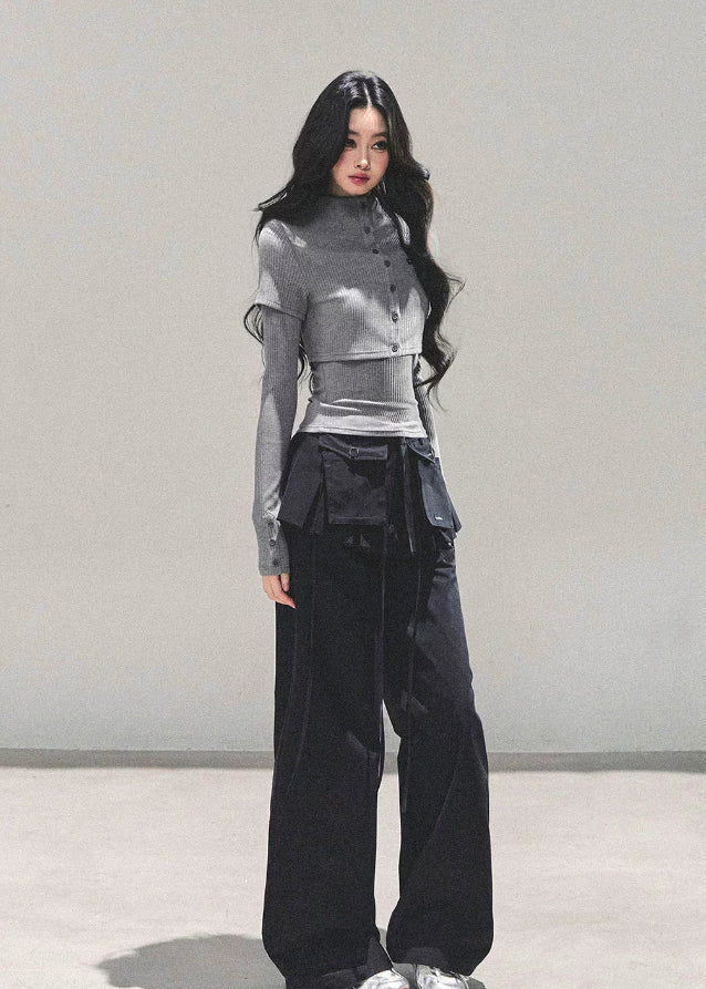 soft fall knit top, layered knit shirt, Korean style two-piece top, AOMALM knitwear, fall winter slim top, ribbed knit T-shirt, long sleeve layered tee, Korean fashion top women, street style knit shirt, casual chic knitwear, semi-turtleneck top women, autumn slim fit shirt, trendy Korean outfits, stretch knit top women, ribbed two-piece illusion top, winter layering tops, stylish knit T-shirt women, neutral gray knit outfit, daily Korean look, feminine knit top