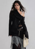 JNYLON asymmetric tweed jacket women, Korean stylish fringe jacket, modern Korean fashion artist coat, chic metal buckle jacket women, trendy Korean street chic outerwear, textured tweed style jacket Korean fashion, urban fashion fringe jacket women, stylish Korean aesthetic jacket, fashionable creative style outerwear women