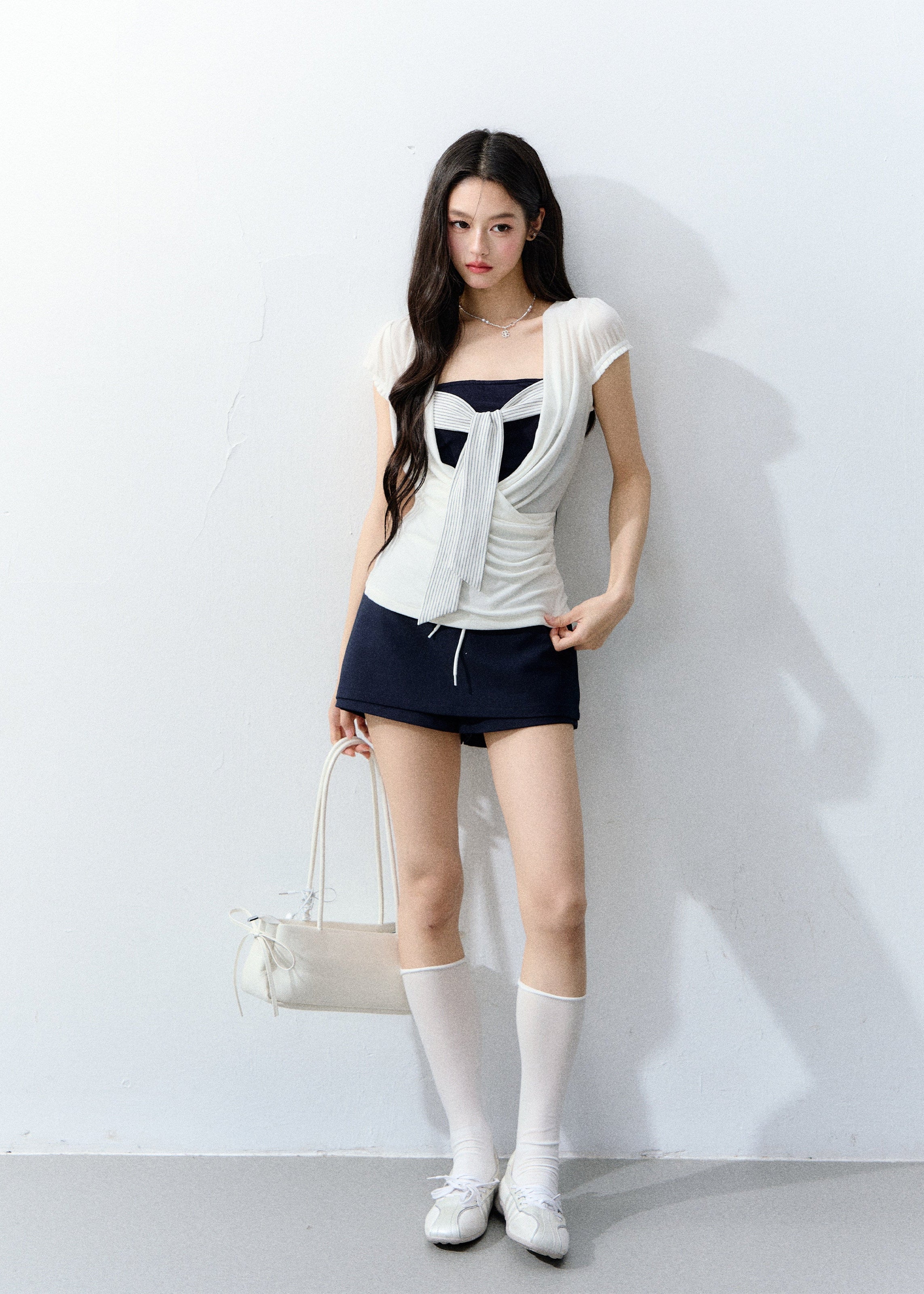 fragileheart top, korean summer top, color block top, layered summer top, strapless inner top, feminine korean fashion, preppy fitted top, contrast layered tee, cute summer top, soft girl korean outfit, ribbon detail top, stylish casual top