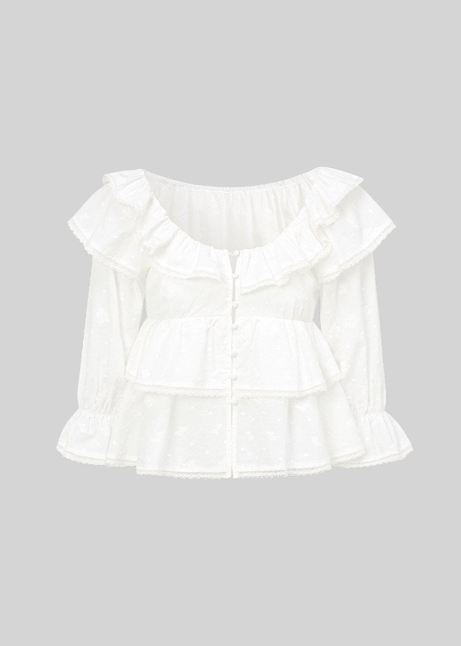 off shoulder ruffle top, cotton lace blouse, embroidered cotton top, Korean feminine blouse, white ruffle blouse, cake ruffle top, lace trim top, romantic summer blouse, playful off shoulder top, pure cotton blouse, feminine vacation top, cottagecore blouse, soft girl summer top, ruffle sleeve blouse, elegant casual top