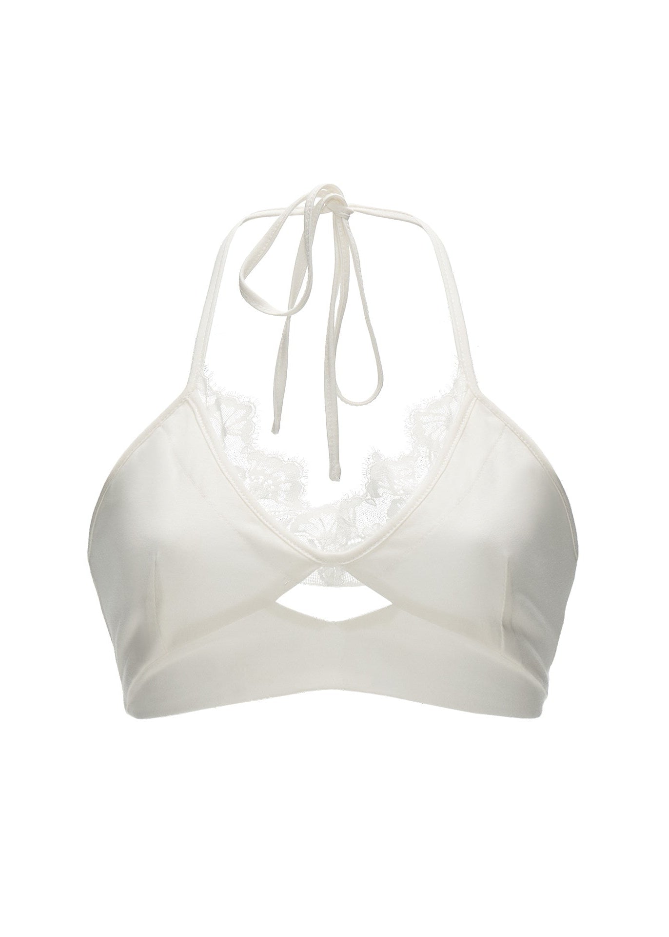 White lace bralette top with street-style denim