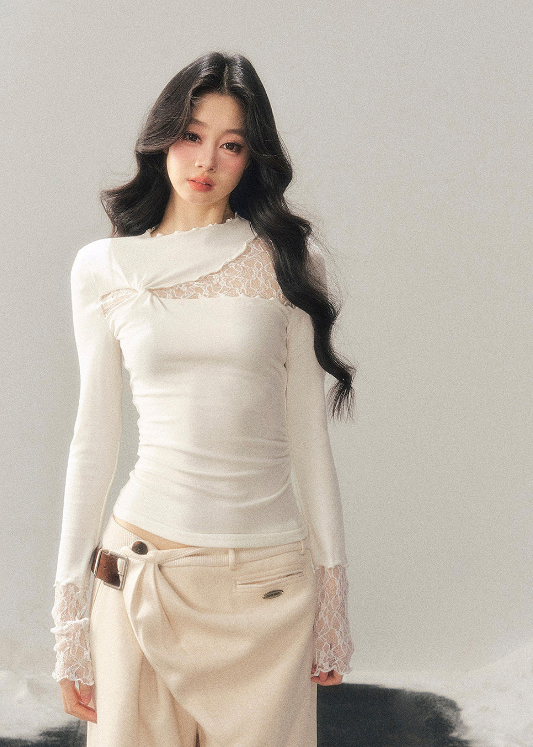 AOMALM lace top, semi turtleneck lace shirt, sheer knit women top, winter slim fit top, Korean feminine top, French style lace blouse, sexy winter base top, women layering top, hollow lace knit shirt, elegant winter inner top, slim silhouette knitwear, soft feminine fashion, Korean aesthetic clothing, winter lace turtleneck, women slim knit top